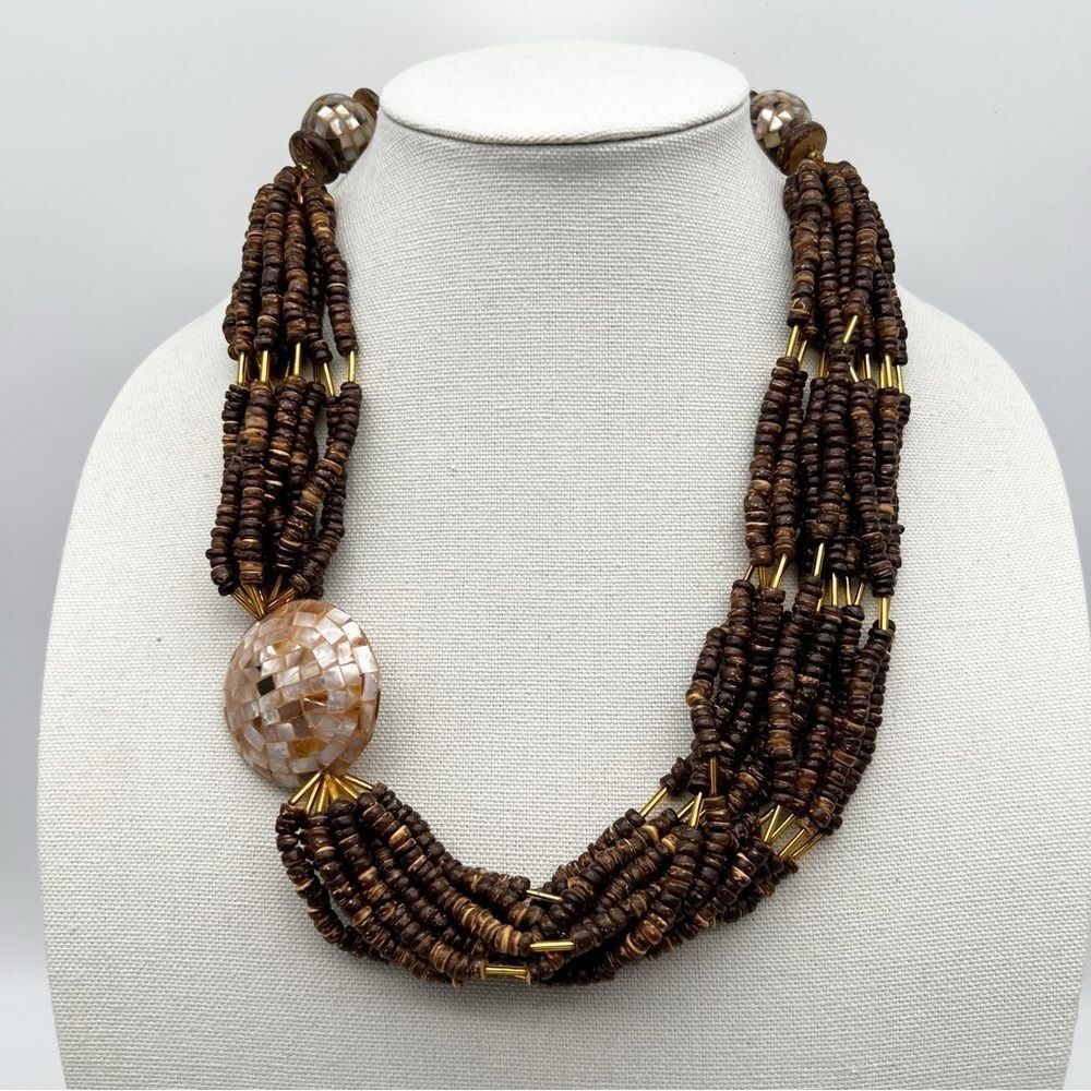 Mother Of Pearl Pendant Multi Strand Wood Bead Chunky Statement Necklace 24”